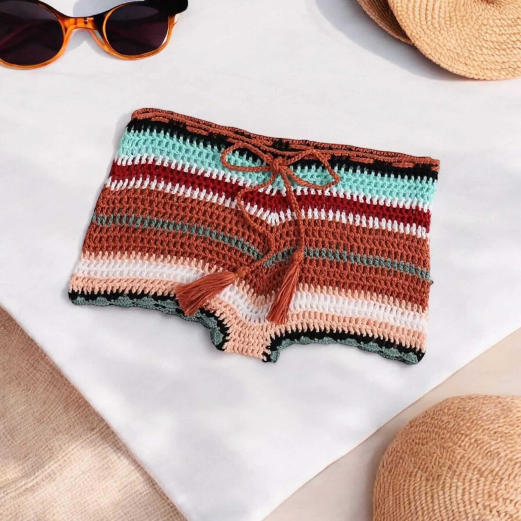 Siesta Brown Mid Rise Crochet Shorts