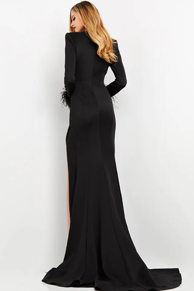 Stefflon | V Neck High Slit Feather Gown | Jovani 04501