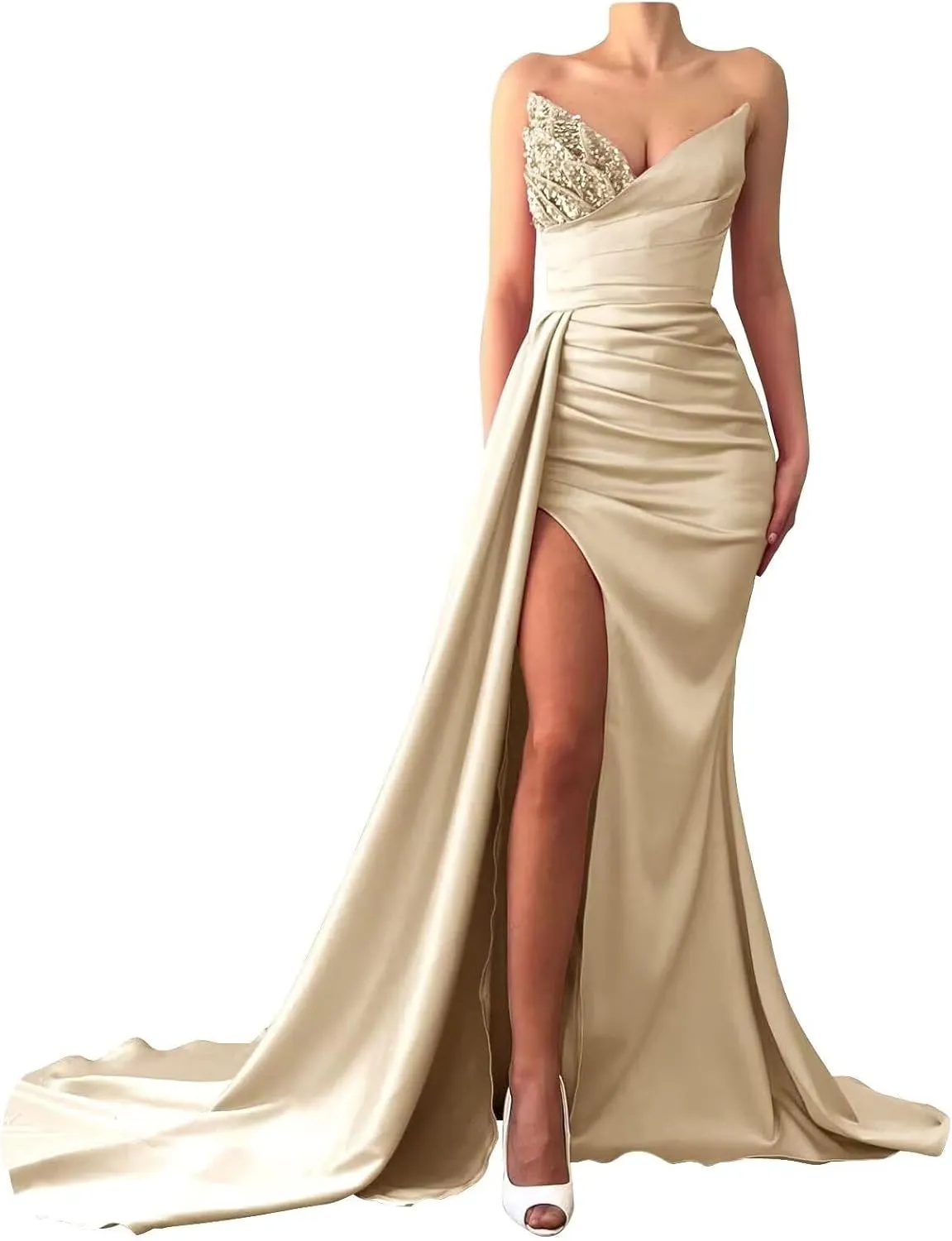 Strapless Satin Prom Dresses for Women 2025 Mermaid Bridesmaid Dresses Sequin Beaded Evening Gowns with Slit