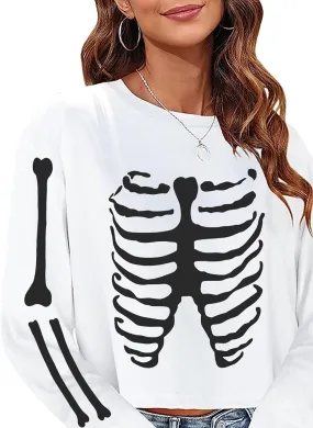 Sumtory Women Halloween Theme Skeleton Print Long Sleeve Sweatshirt Tops