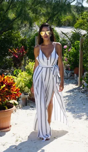 Sweet Center Slit Jumpsuit - Stripes