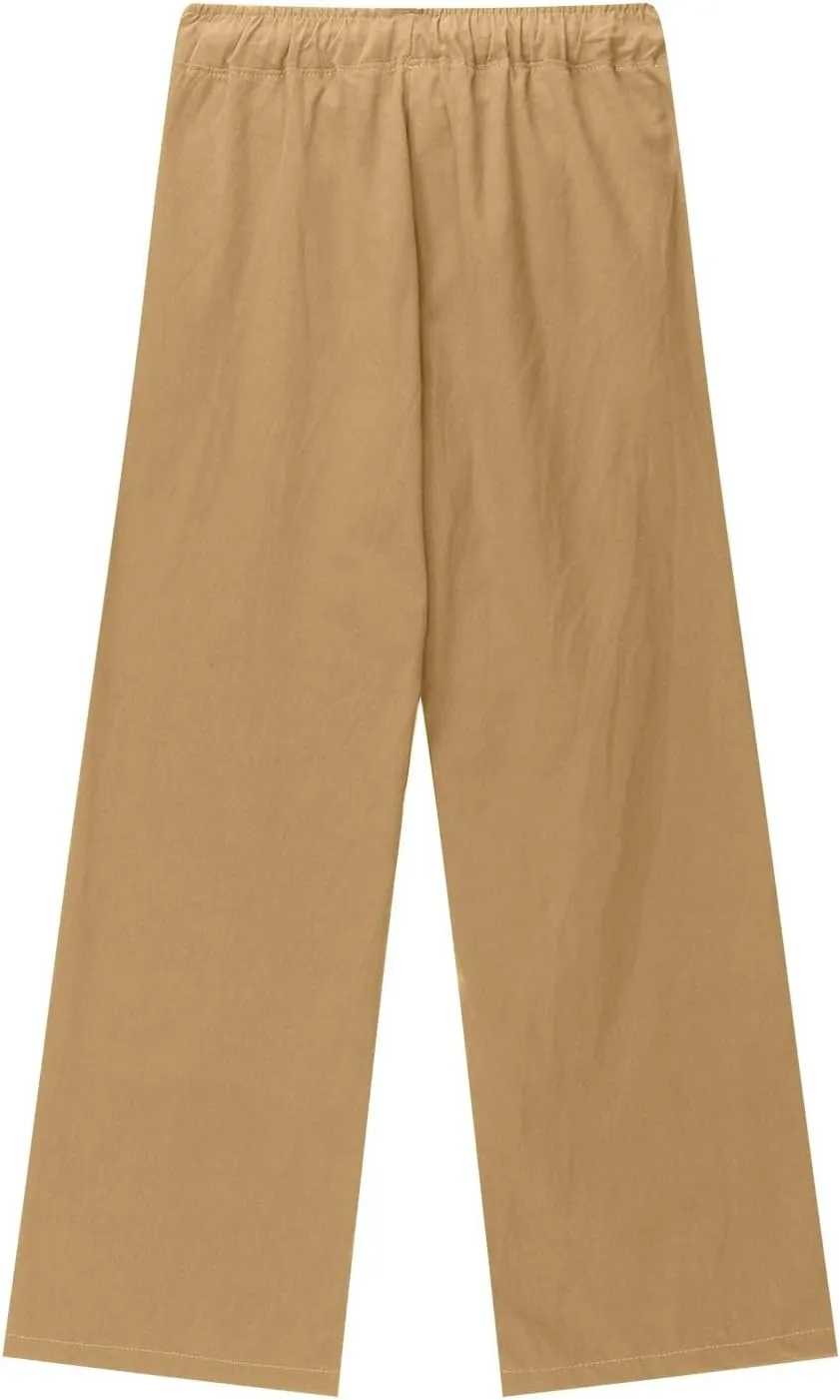 Teen Girls Casual Cotton Linen Pants Lightweight Summer Loose Fit Elastic Waist Plus Size Solid Lounge Long Trousers