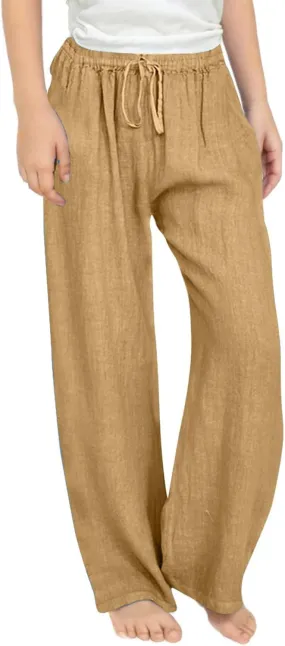 Teen Girls Casual Cotton Linen Pants Lightweight Summer Loose Fit Elastic Waist Plus Size Solid Lounge Long Trousers