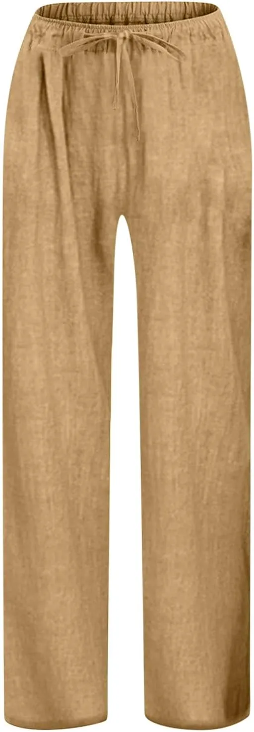Teen Girls Casual Cotton Linen Pants Lightweight Summer Loose Fit Elastic Waist Plus Size Solid Lounge Long Trousers