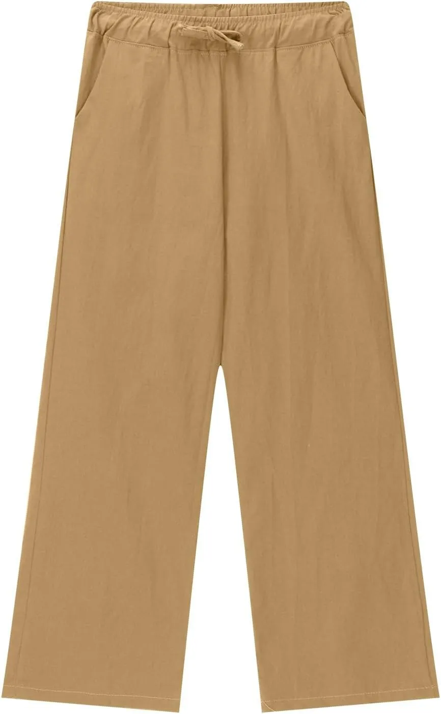 Teen Girls Casual Cotton Linen Pants Lightweight Summer Loose Fit Elastic Waist Plus Size Solid Lounge Long Trousers