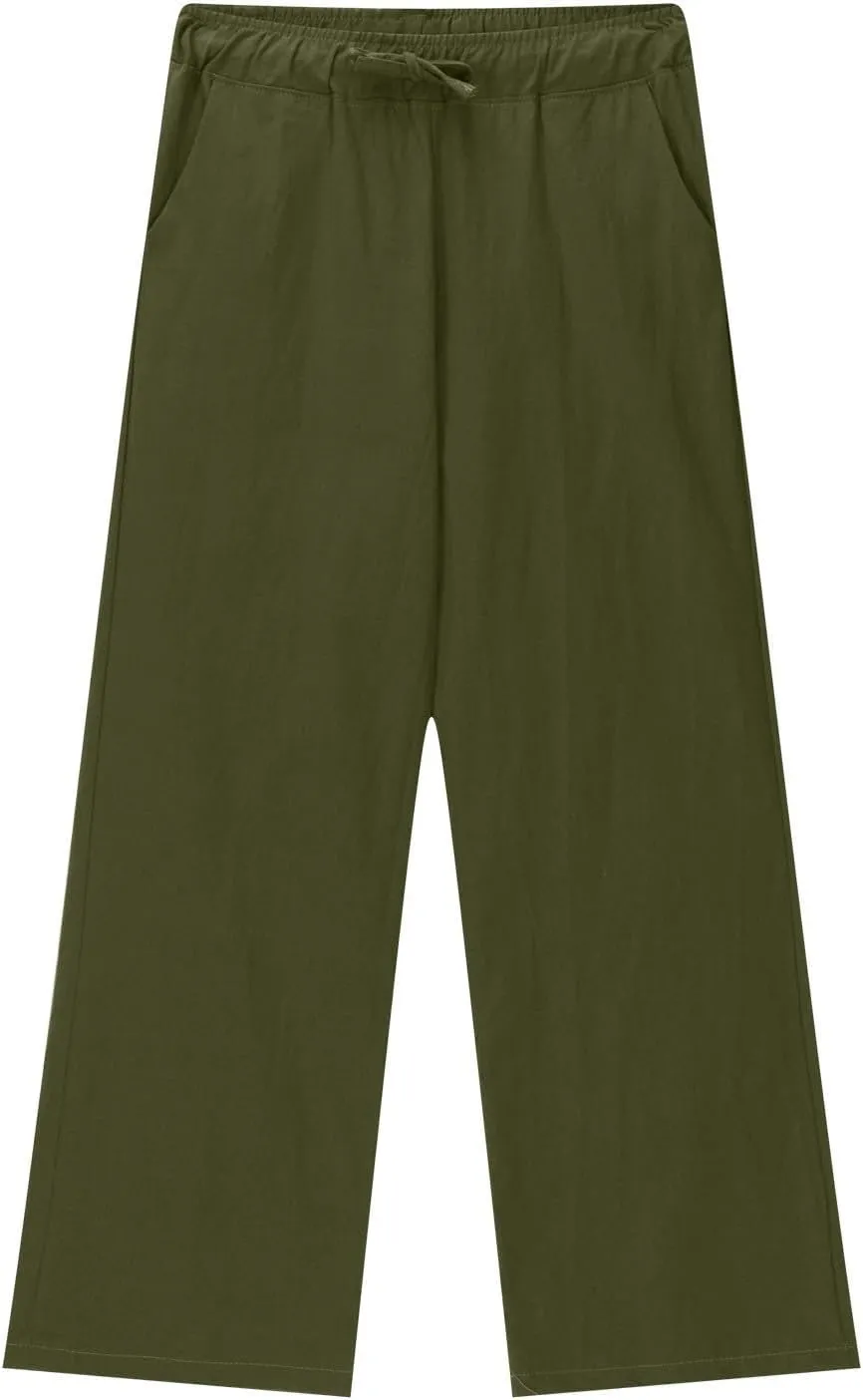Teen Girls Casual Cotton Linen Pants Lightweight Summer Loose Wide Leg Pants Elastic Waist Solid Lounge Long Trousers