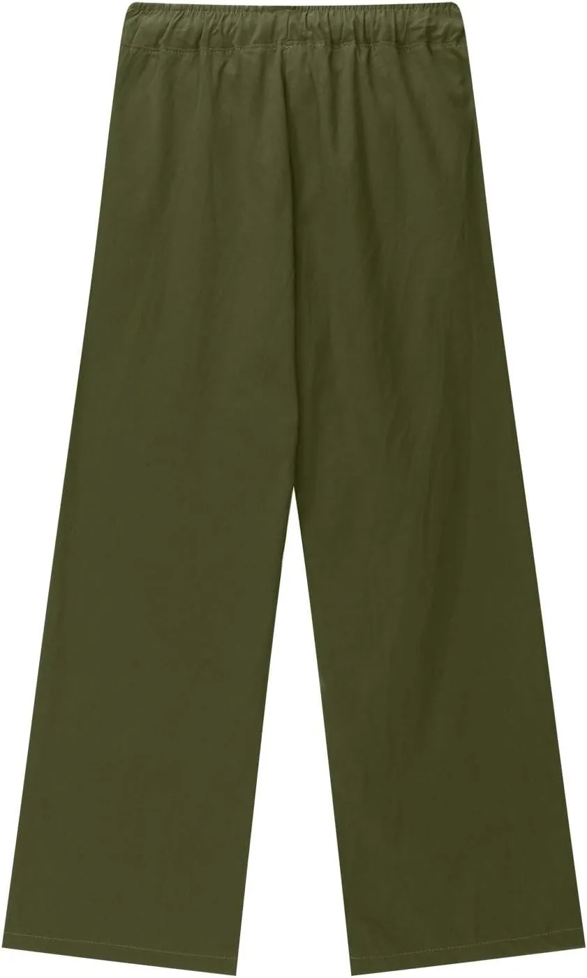 Teen Girls Casual Cotton Linen Pants Lightweight Summer Loose Wide Leg Pants Elastic Waist Solid Lounge Long Trousers