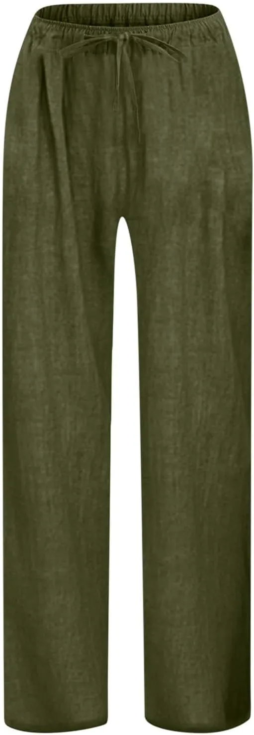 Teen Girls Casual Cotton Linen Pants Lightweight Summer Loose Wide Leg Pants Elastic Waist Solid Lounge Long Trousers