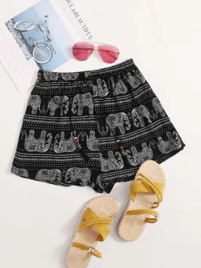 Tribal Print Tassel Detail Drawstring Waist Shorts