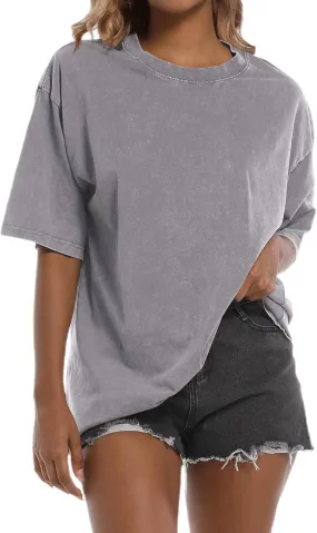 Tuislay Oversized Tshirt Shirts for Women Vintage Acid Wash T Shirt Cotton Casual Baggy Boyfriend Teens Basic Grunge Tees Top