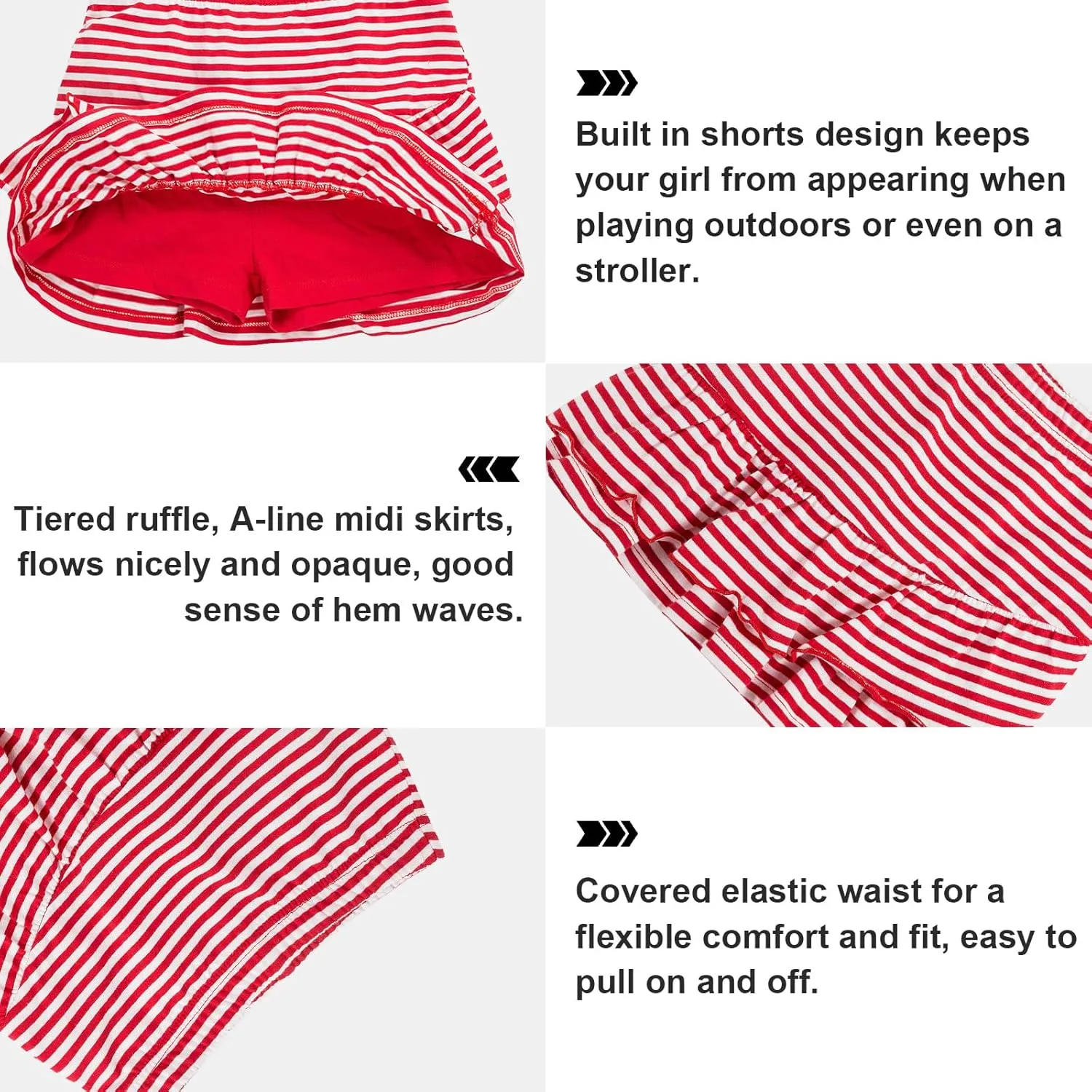 UNACOO 2 Packs 100% Cotton Tiered Ruffle Skirt with Elastic Waistband for Girls