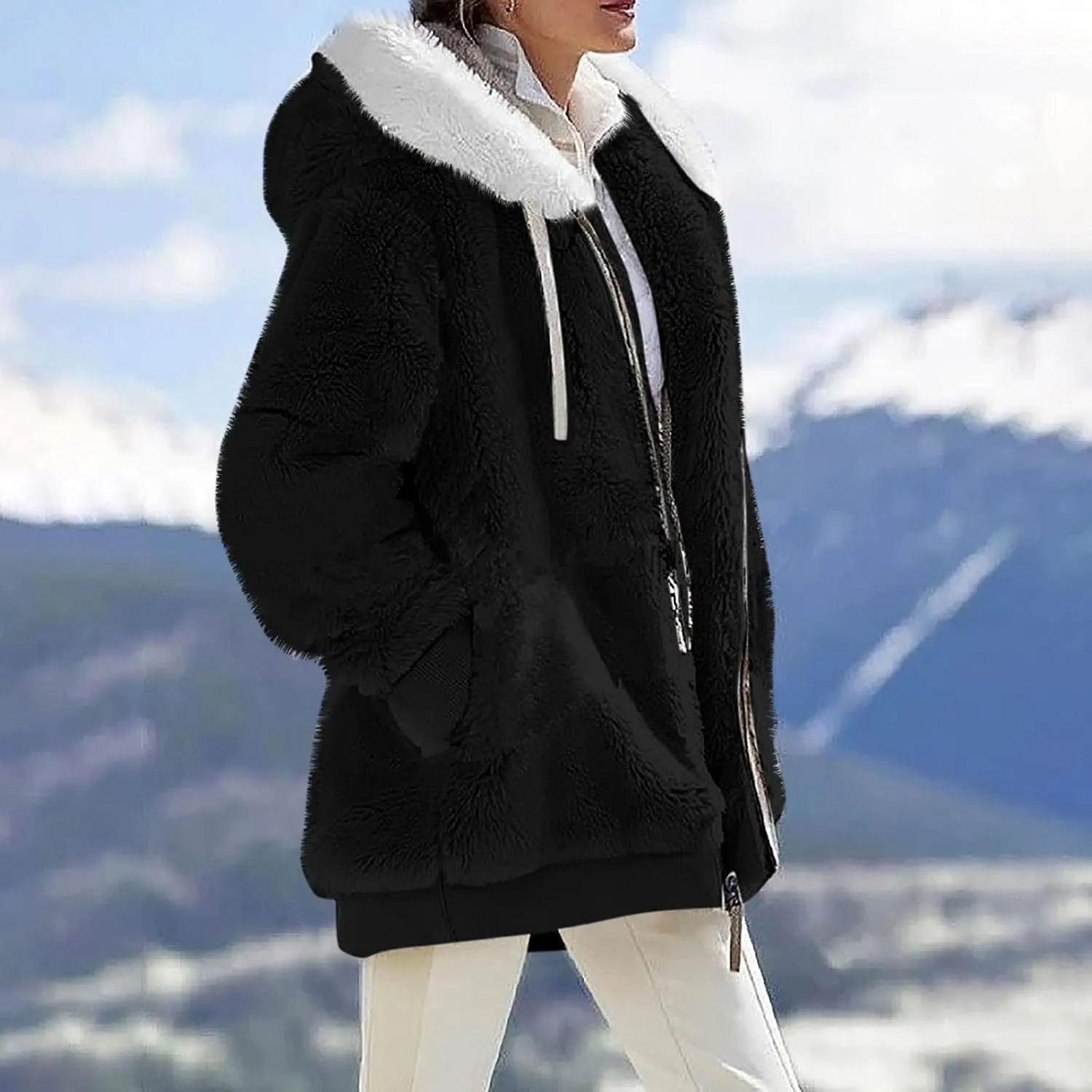 Winter Coats for Women,Long Sleeve Sherpa Jackets with Pockets,Thicken Fluffy Coat Outwear