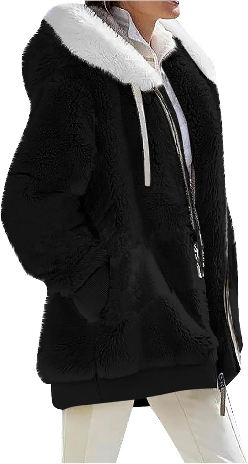 Winter Coats for Women,Long Sleeve Sherpa Jackets with Pockets,Thicken Fluffy Coat Outwear