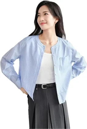 Women Casual Striped Shirts Short Patchwork Crewneck Blouse Long Sleeve Office Lady Top