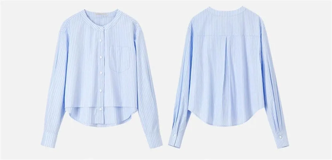Women Casual Striped Shirts Short Patchwork Crewneck Blouse Long Sleeve Office Lady Top