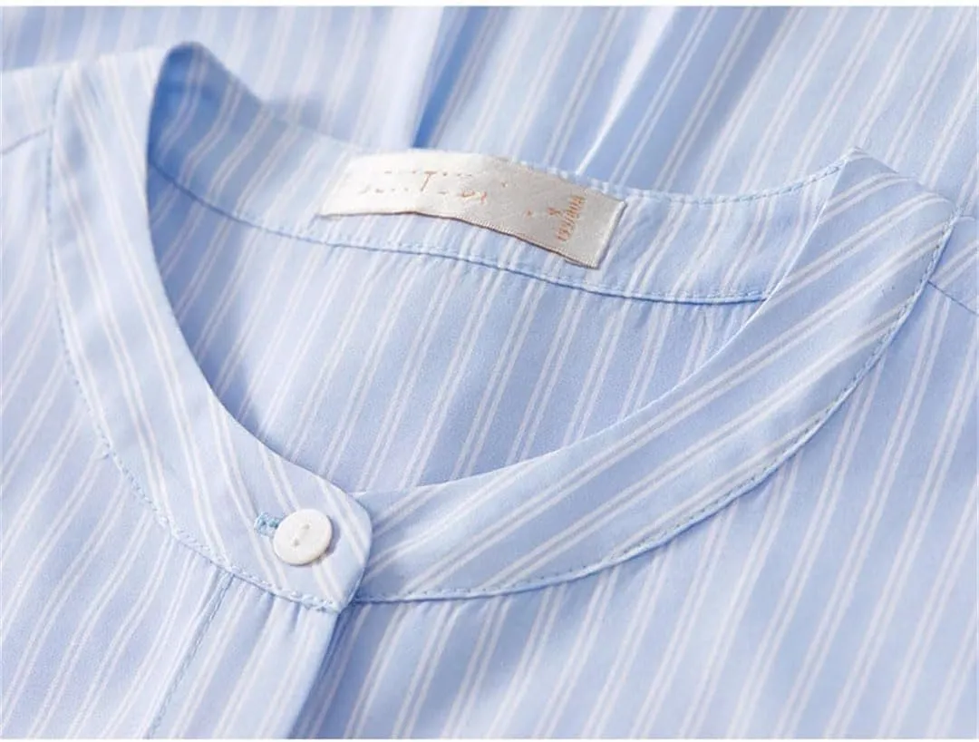 Women Casual Striped Shirts Short Patchwork Crewneck Blouse Long Sleeve Office Lady Top