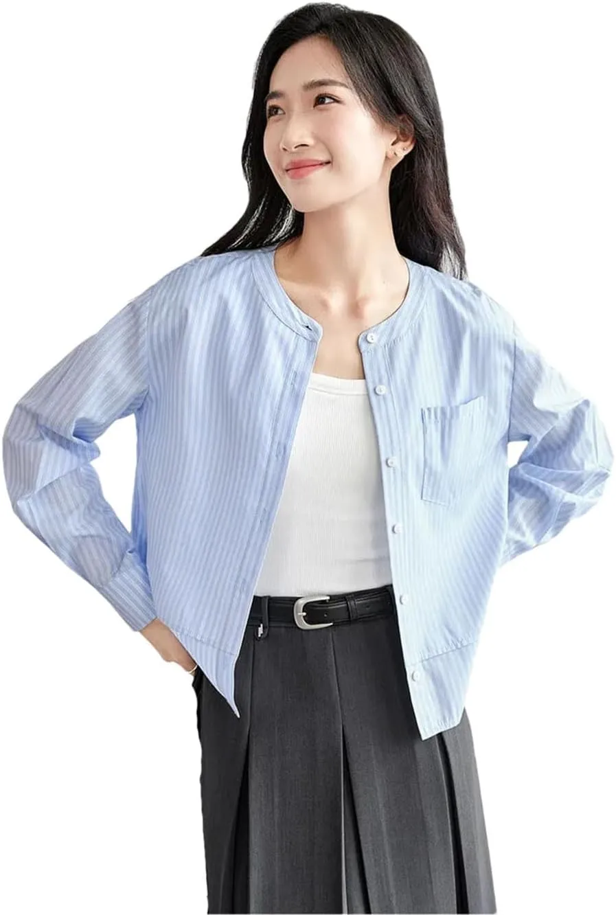 Women Casual Striped Shirts Short Patchwork Crewneck Blouse Long Sleeve Office Lady Top
