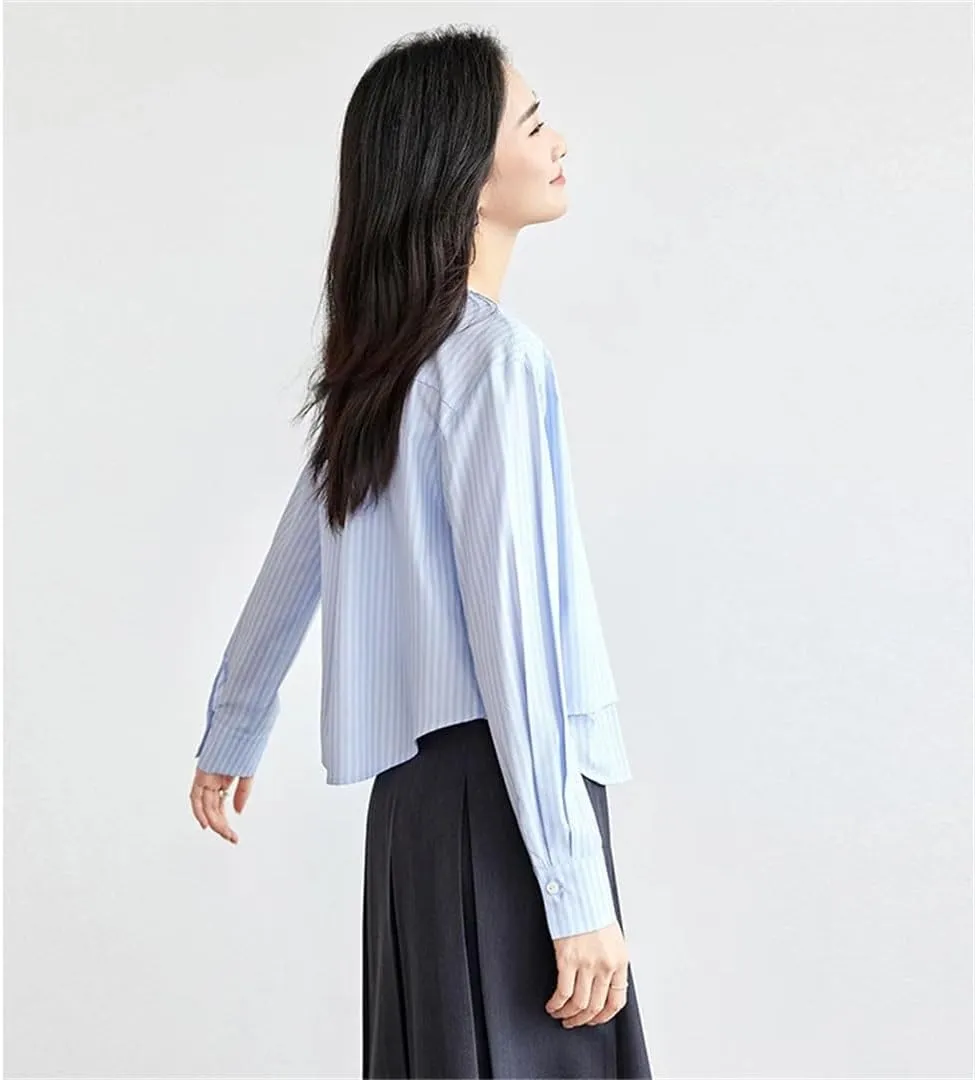 Women Casual Striped Shirts Short Patchwork Crewneck Blouse Long Sleeve Office Lady Top