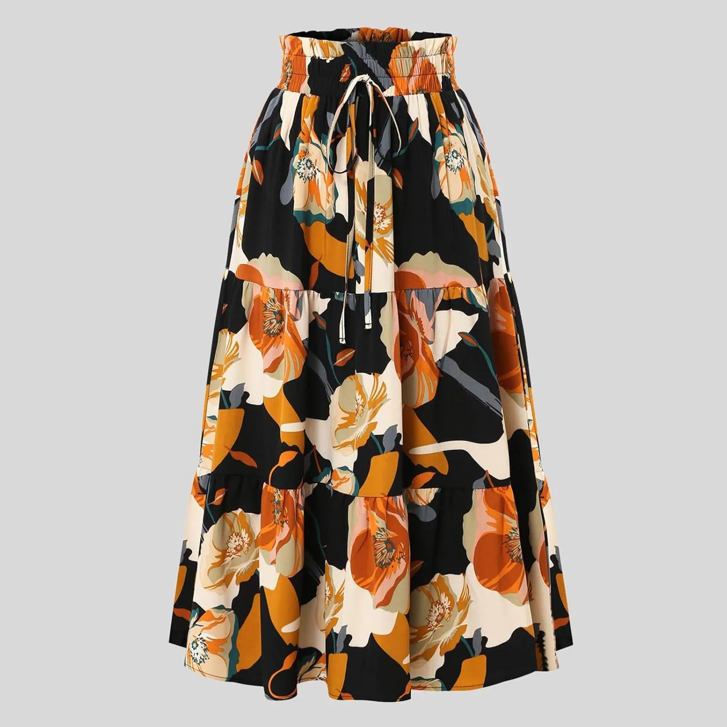 Women Flowy Boho Maxi Skirt Elastic High Waist A Line Pleated Tiered Floral Ruffle Trendy Summer Casual Beach Skirts