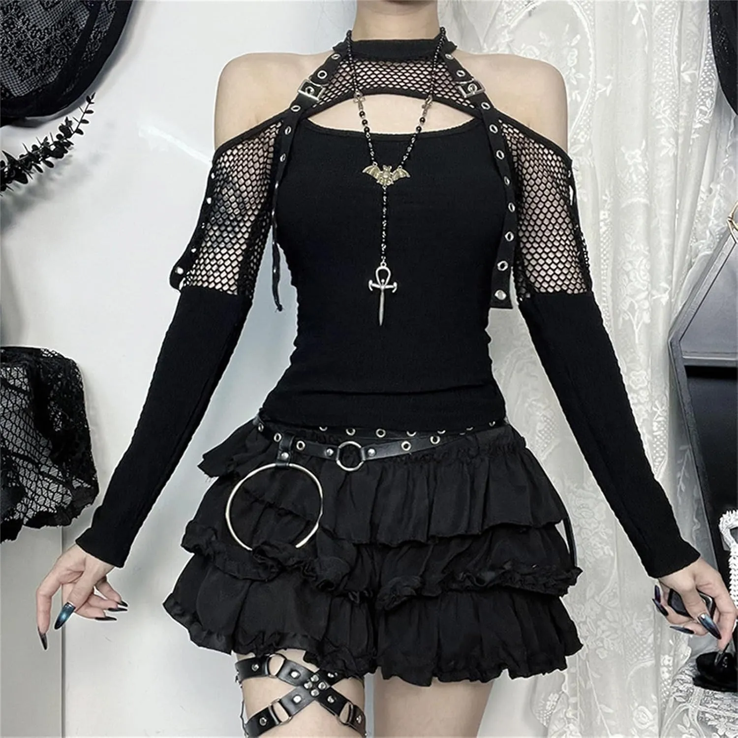Women Gothic Crop Top Punk Black Long Sleeve Shirt Y2k Mesh Cropped Tops