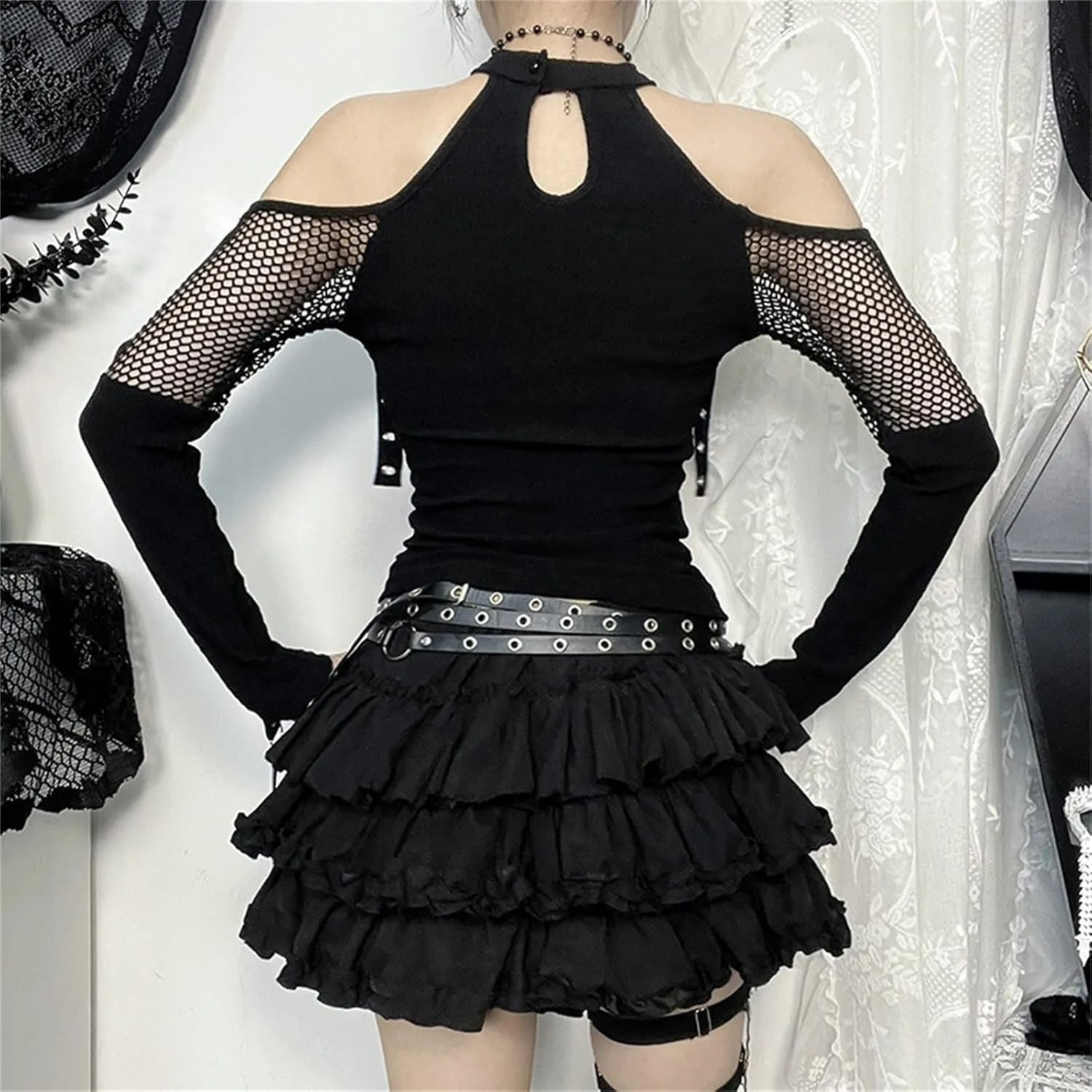 Women Gothic Crop Top Punk Black Long Sleeve Shirt Y2k Mesh Cropped Tops