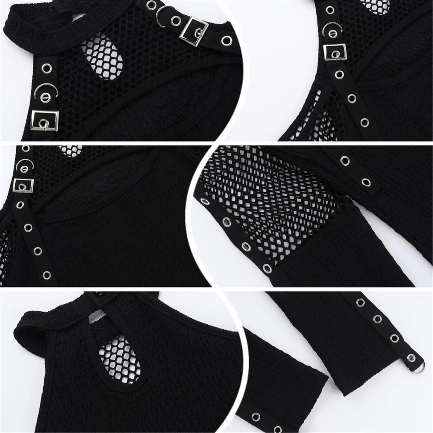 Women Gothic Crop Top Punk Black Long Sleeve Shirt Y2k Mesh Cropped Tops