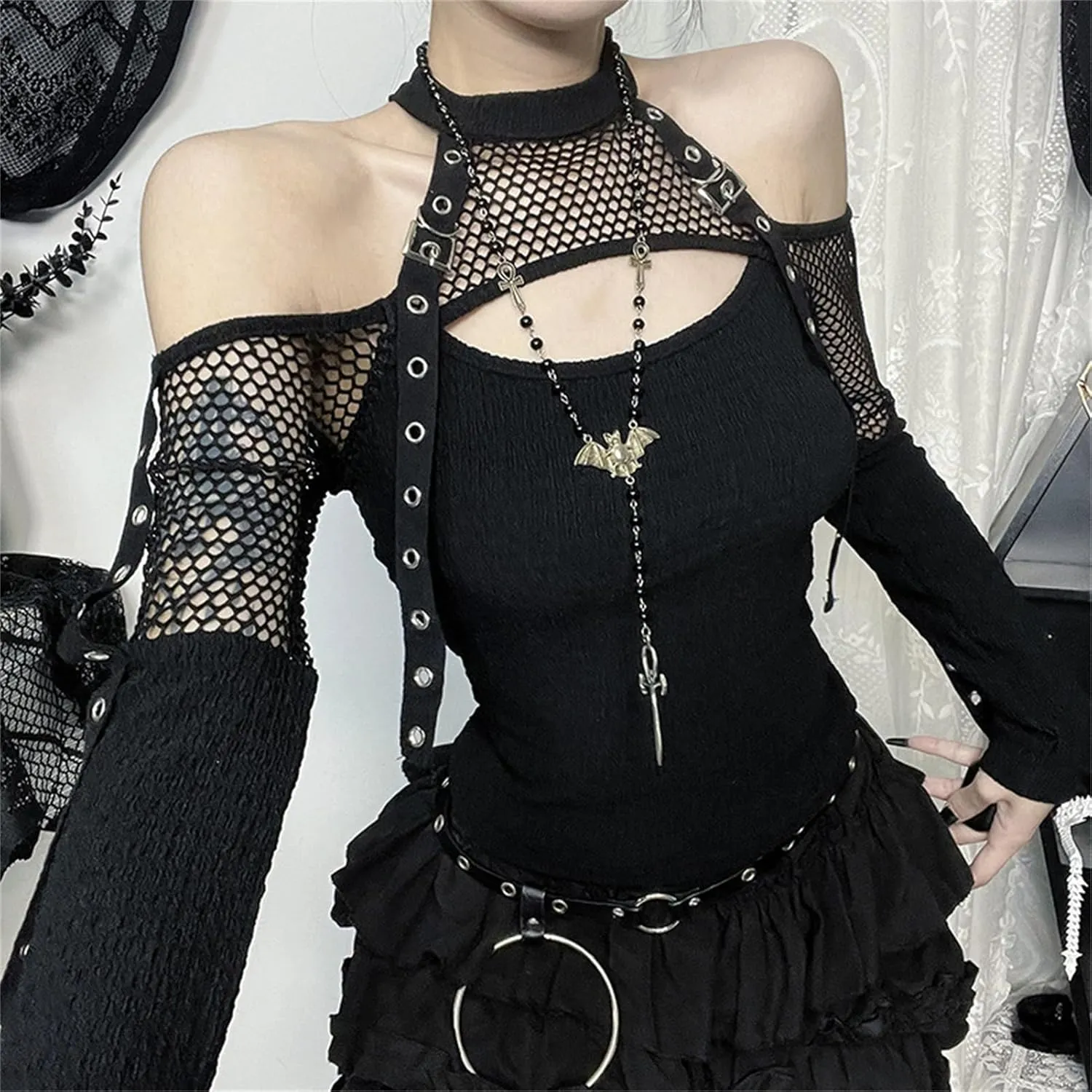 Women Gothic Crop Top Punk Black Long Sleeve Shirt Y2k Mesh Cropped Tops