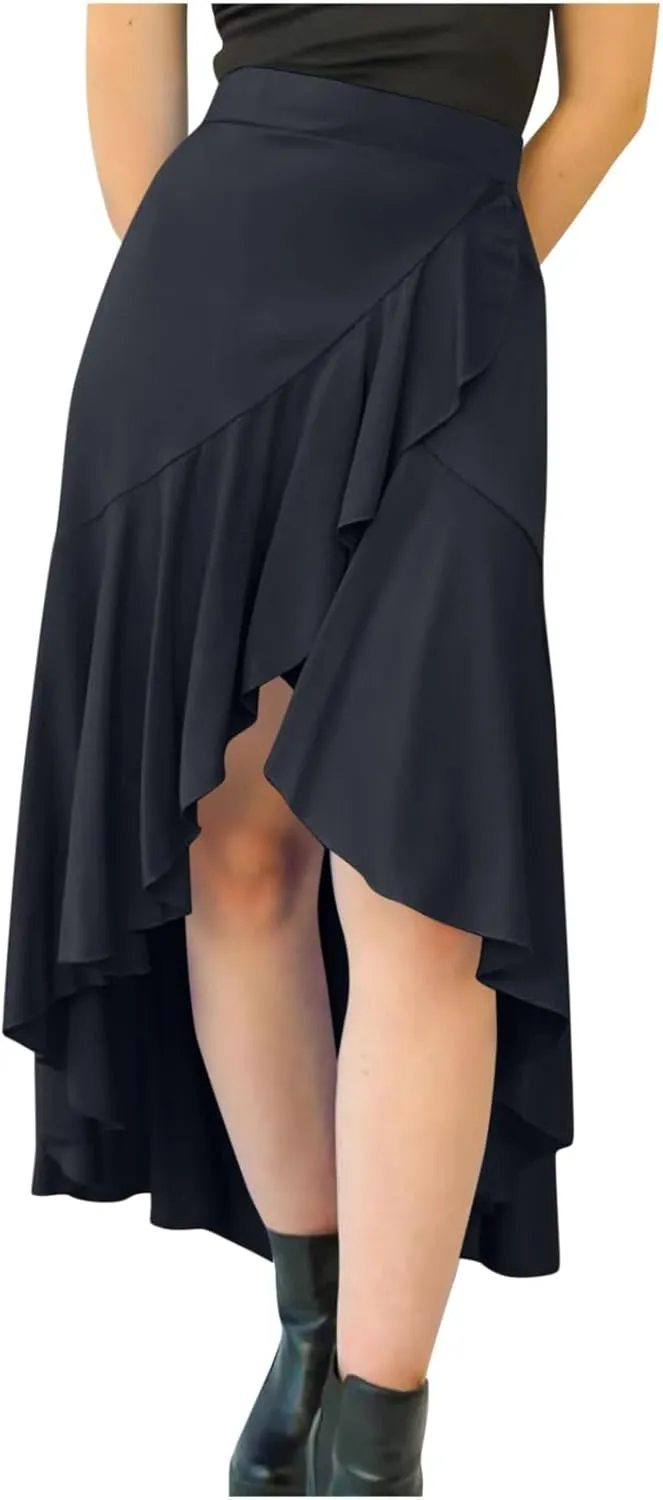 Women Slit Ruffle Skirts High Waist Low Half Dress Solid Dressy Casual Midi Length Boho Skirt Vacation Outfits