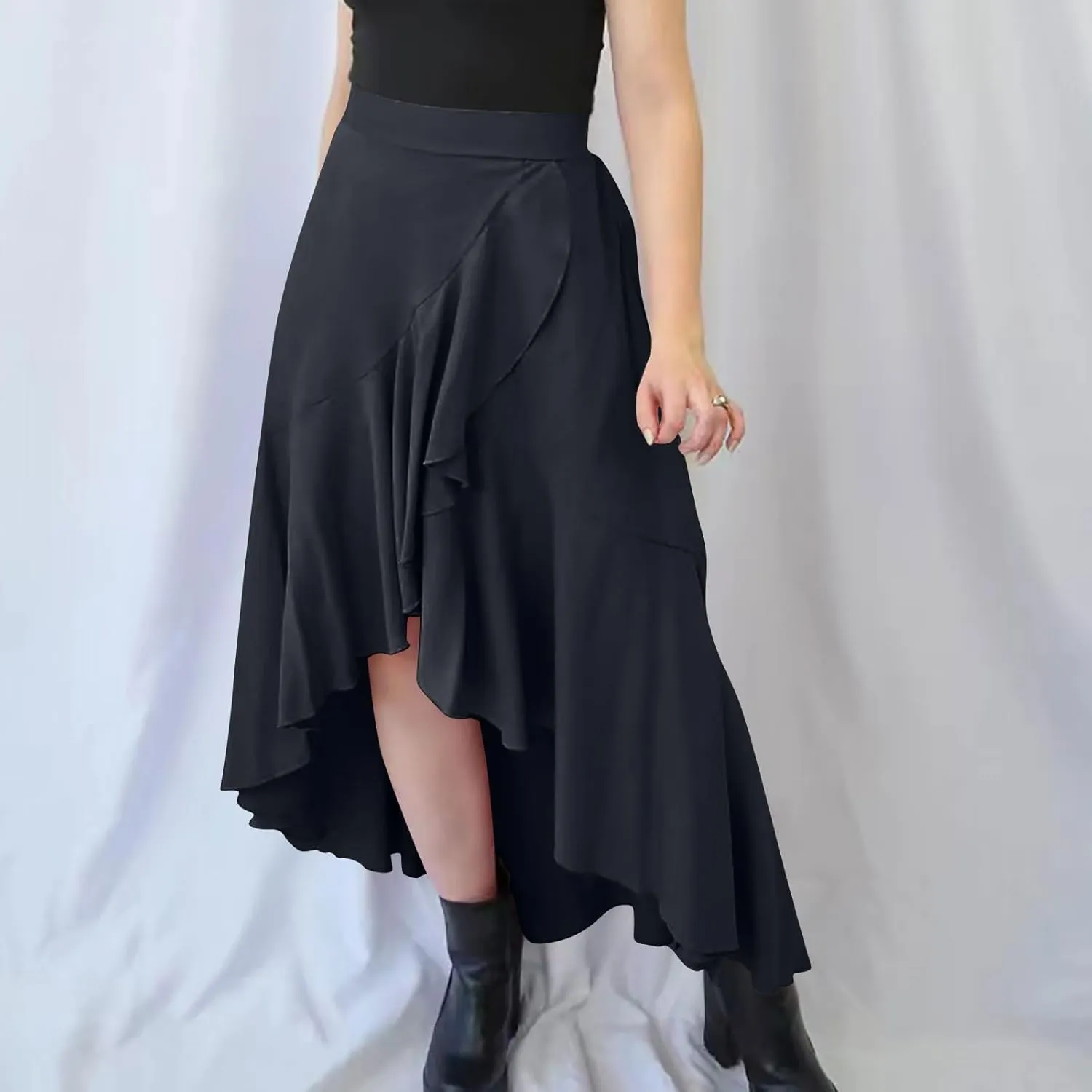 Women Slit Ruffle Skirts High Waist Low Half Dress Solid Dressy Casual Midi Length Boho Skirt Vacation Outfits