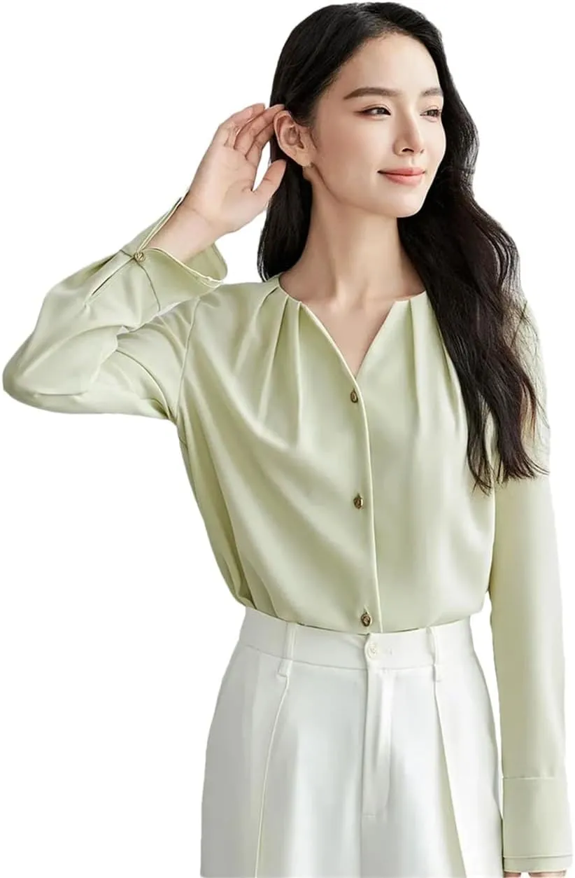 Women V Neck Solid Shirts Loose Fit Office Lady Folds Blouse Single Breasted Patchwork Top
