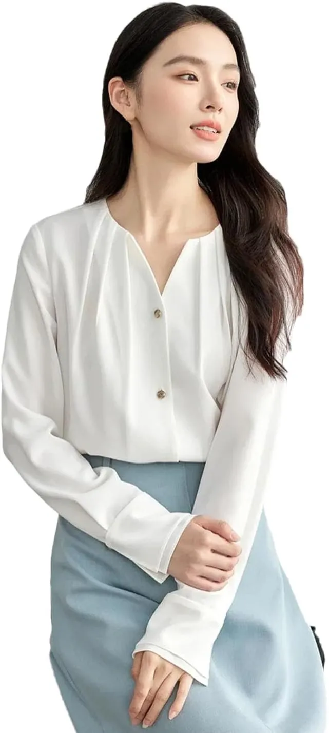Women V Neck Solid Shirts Loose Fit Office Lady Folds Blouse Single Breasted Patchwork Top