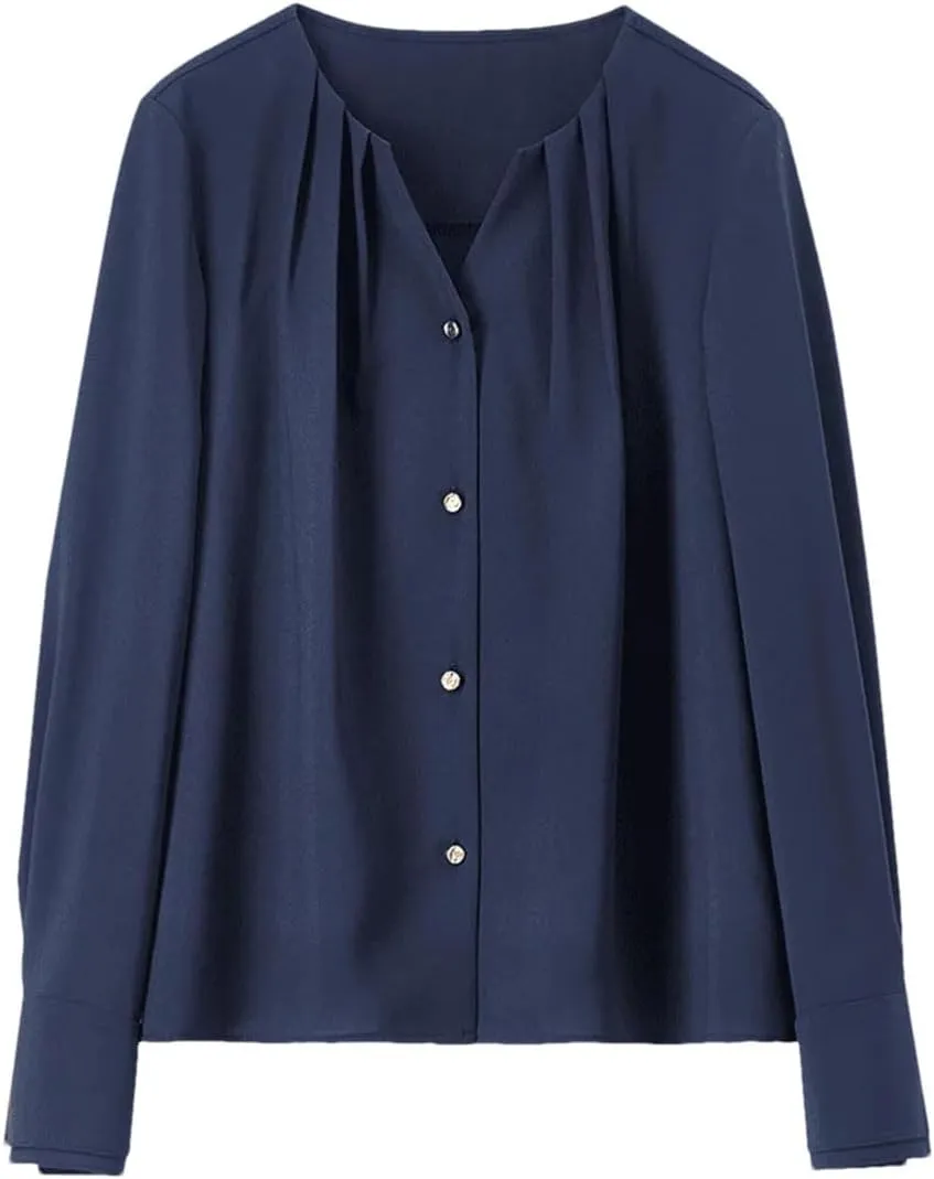 Women V Neck Solid Shirts Loose Fit Office Lady Folds Blouse Single Breasted Patchwork Top