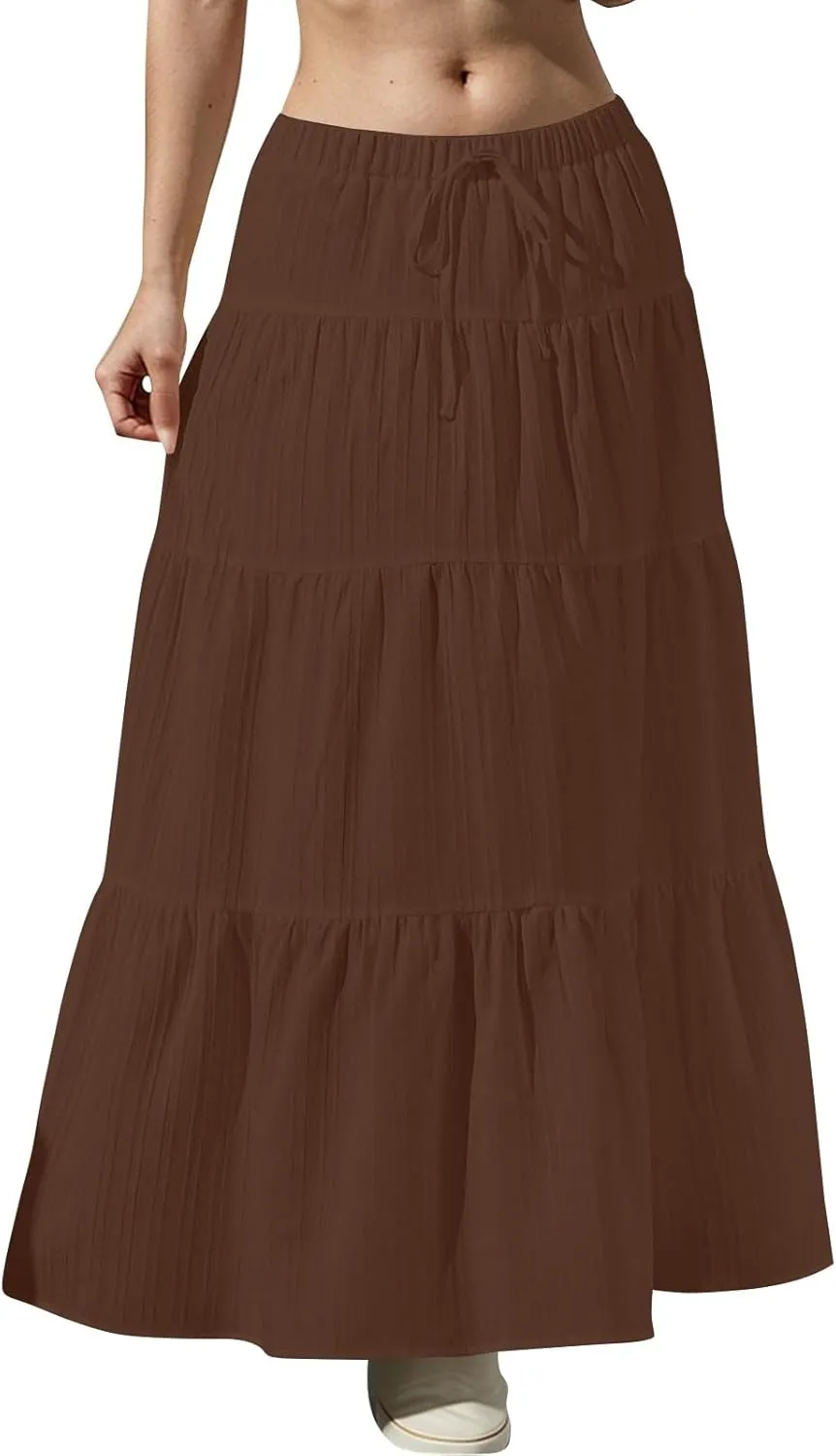 Women's Boho Maxi Skirt Summer Elastic Waist Casual Long Linen Skirts Flowy Tiered Ruffle Skirt Beach A Line Skirts