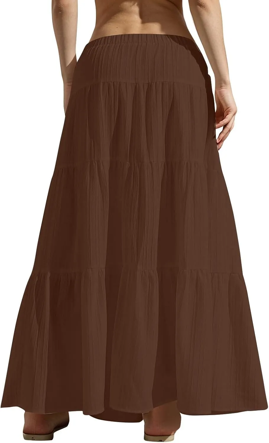 Women's Boho Maxi Skirt Summer Elastic Waist Casual Long Linen Skirts Flowy Tiered Ruffle Skirt Beach A Line Skirts