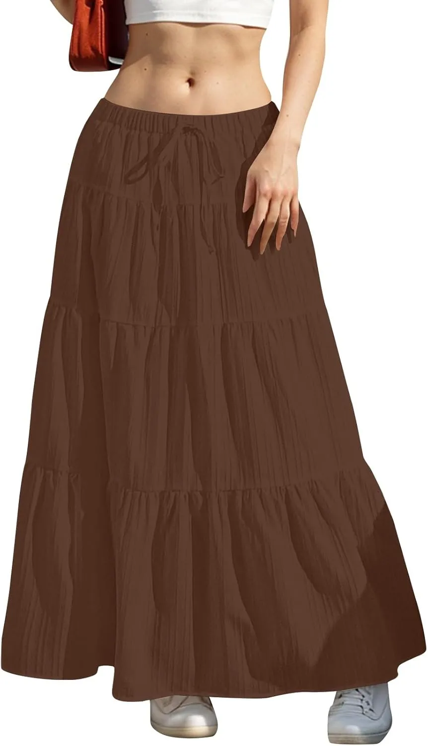 Women's Boho Maxi Skirt Summer Elastic Waist Casual Long Linen Skirts Flowy Tiered Ruffle Skirt Beach A Line Skirts