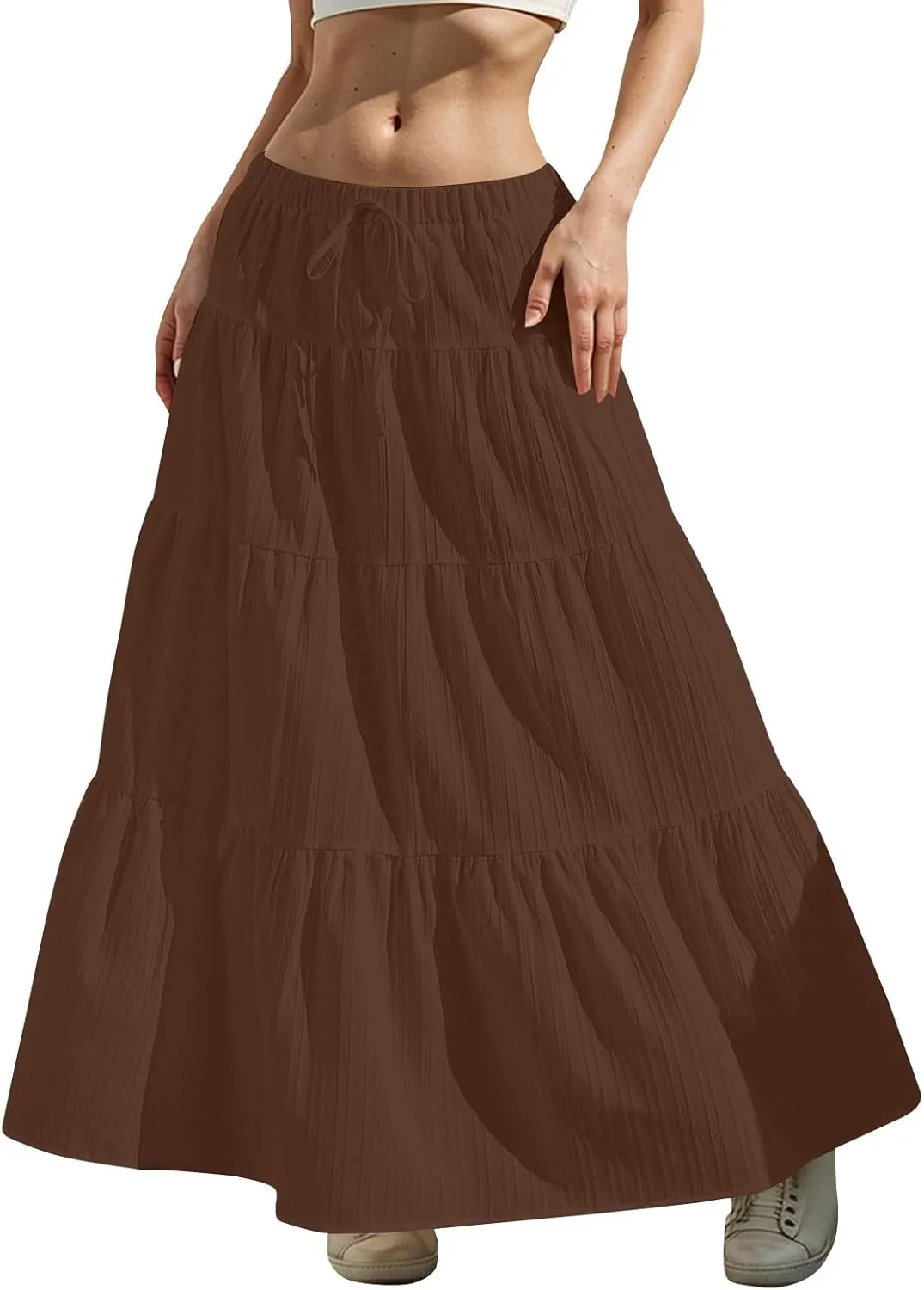 Women's Boho Maxi Skirt Summer Elastic Waist Casual Long Linen Skirts Flowy Tiered Ruffle Skirt Beach A Line Skirts