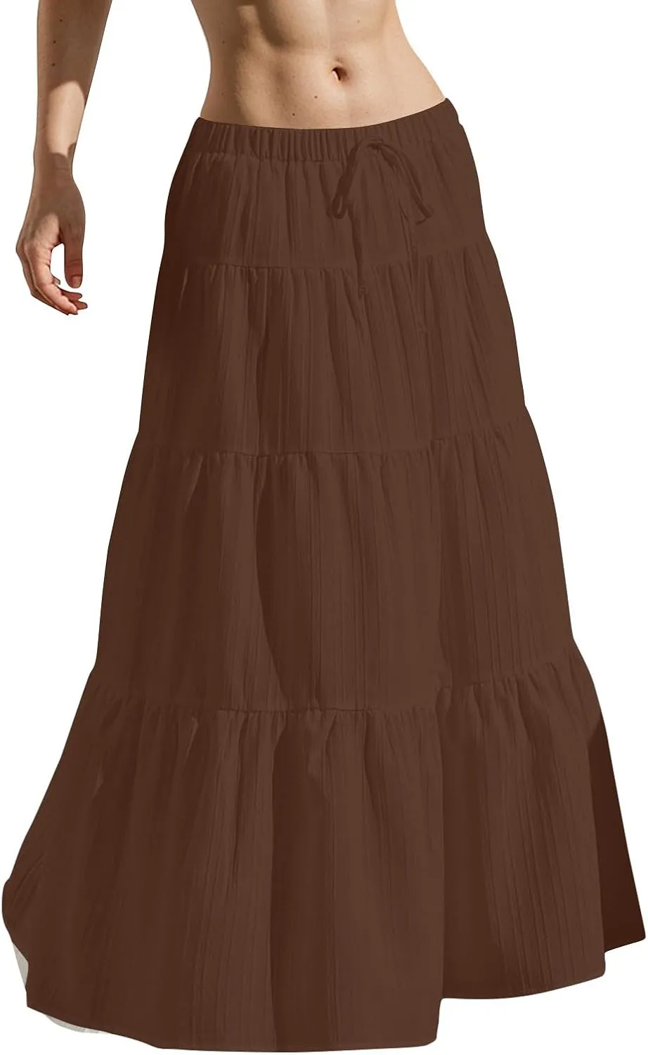 Women's Boho Maxi Skirt Summer Elastic Waist Casual Long Linen Skirts Flowy Tiered Ruffle Skirt Beach A Line Skirts