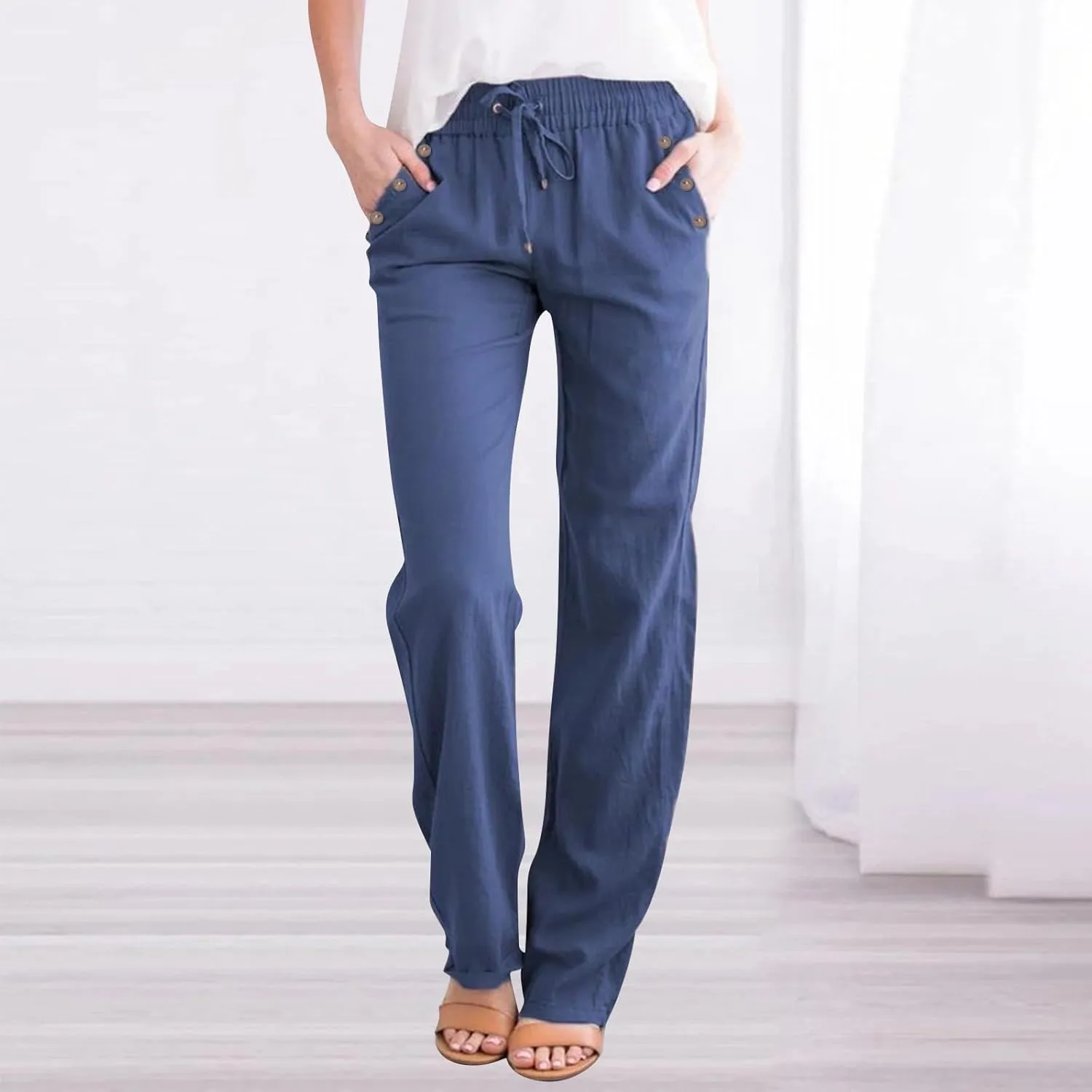 Womens Casual Drawstring Elastic Waist Cotton Linen Pants Wide Leg Trousers Beach Vacation Outfits