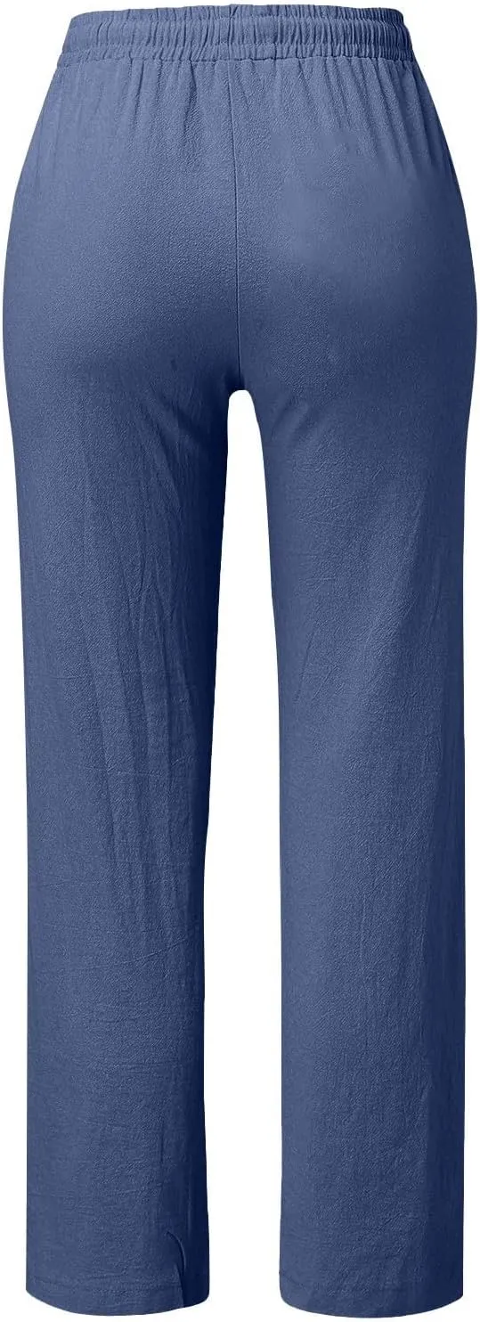 Womens Casual Drawstring Elastic Waist Cotton Linen Pants Wide Leg Trousers Beach Vacation Outfits