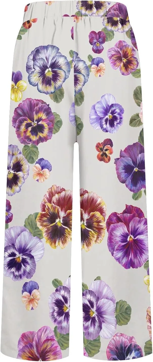 Women's Casual Pants Plus Size Linen Elastic High Waisted Trousers Floral Print Straight Leg Cotton Summer Pants