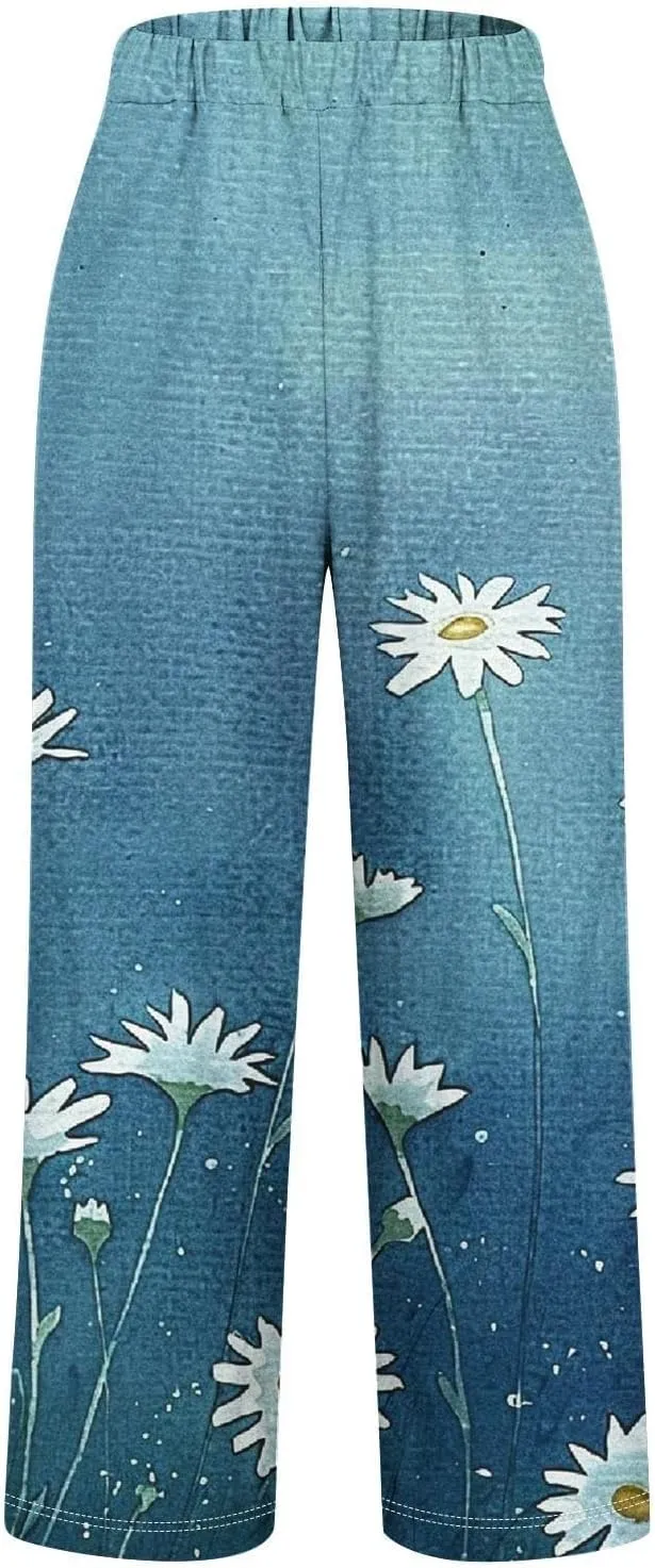 Women's Casual Pants Plus Size Linen Elastic High Waisted Trousers Floral Print Straight Leg Cotton Summer Pants