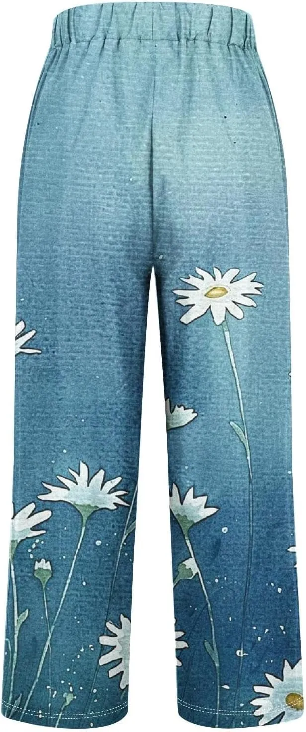Women's Casual Pants Plus Size Linen Elastic High Waisted Trousers Floral Print Straight Leg Cotton Summer Pants