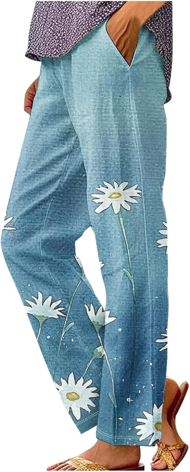 Women's Casual Pants Plus Size Linen Elastic High Waisted Trousers Floral Print Straight Leg Cotton Summer Pants