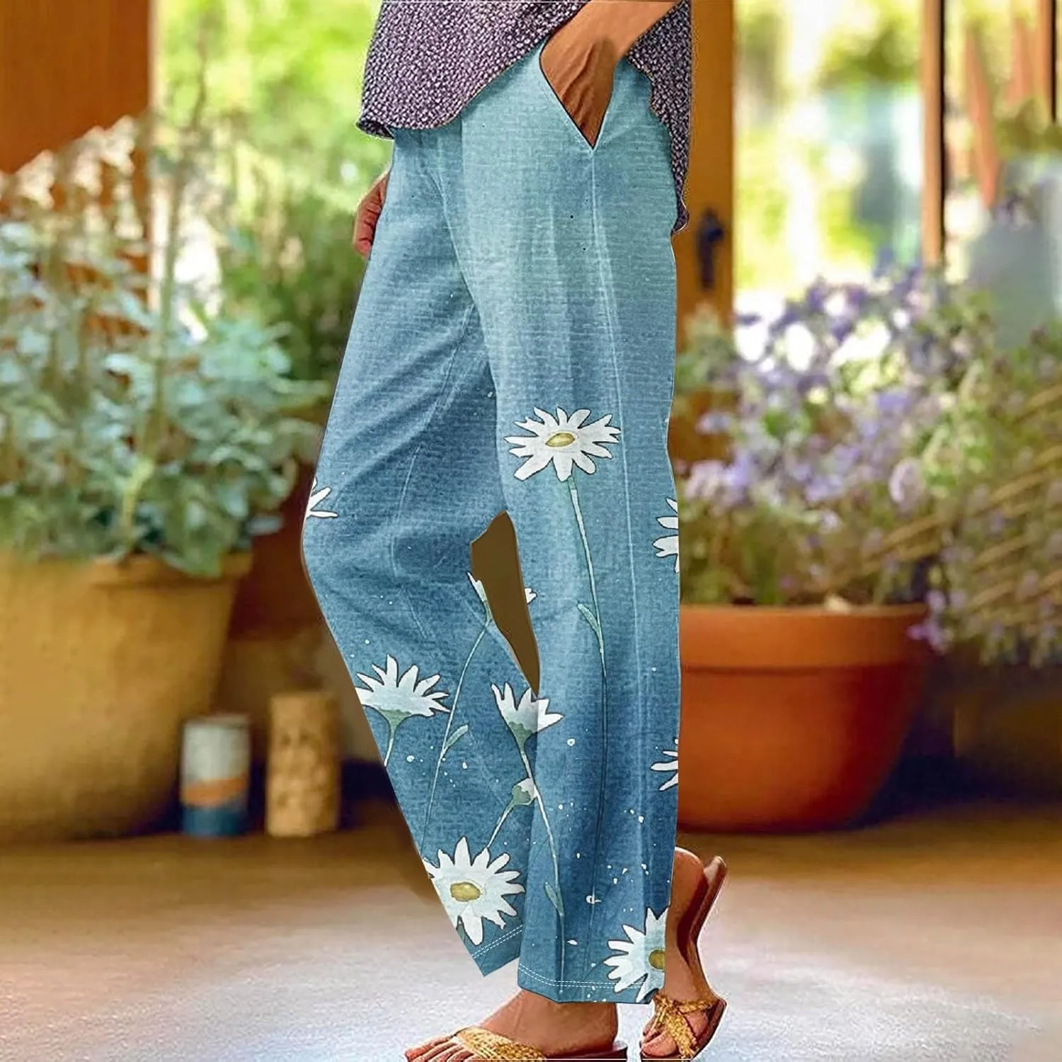 Women's Casual Pants Plus Size Linen Elastic High Waisted Trousers Floral Print Straight Leg Cotton Summer Pants