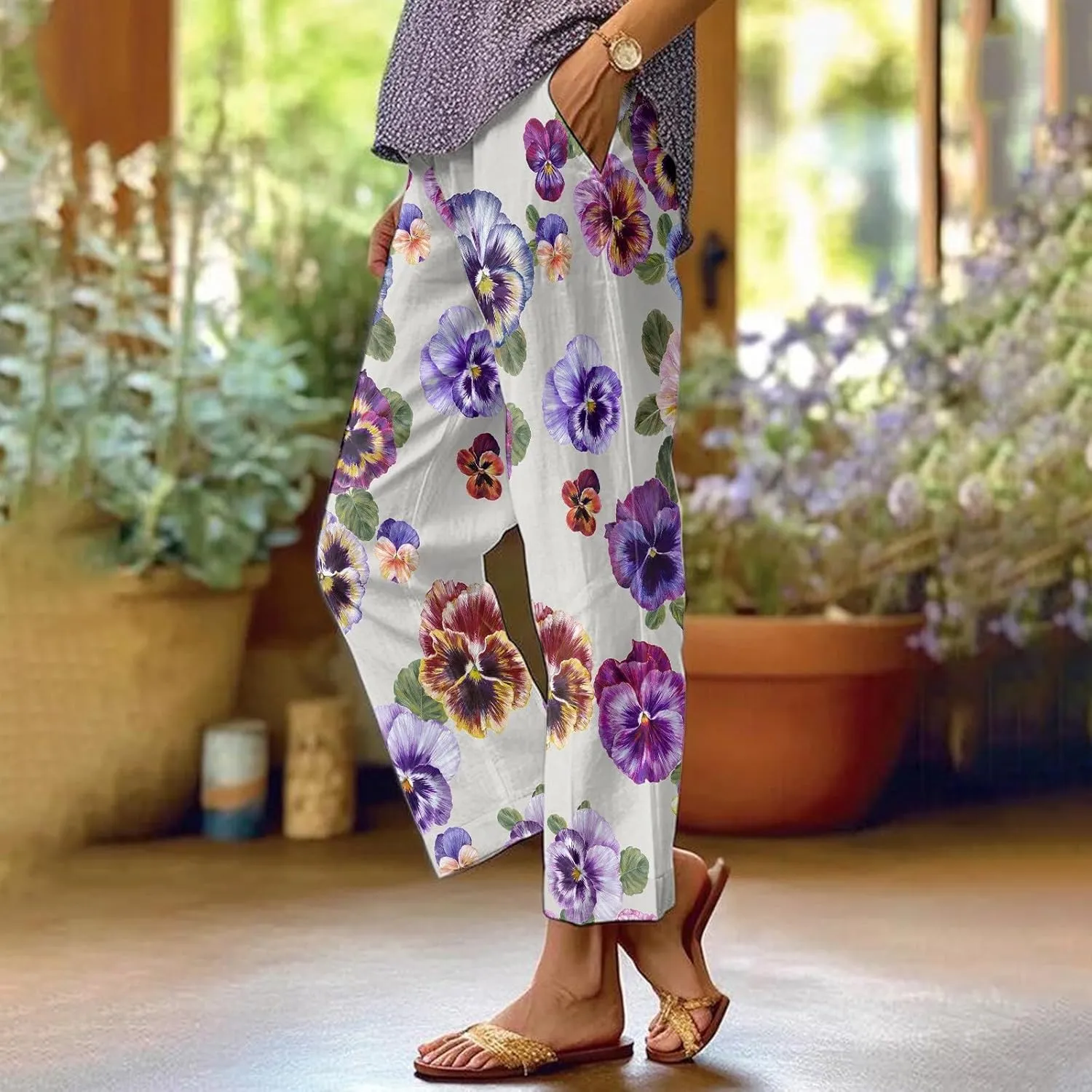 Women's Casual Pants Plus Size Linen Elastic High Waisted Trousers Floral Print Straight Leg Cotton Summer Pants