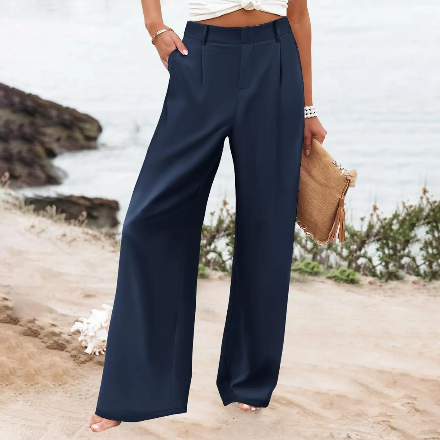 Women's High Waisted Wide Leg Pants Button Business Casual Trousers Straight Baggy Pants Linen Palazzo Pants