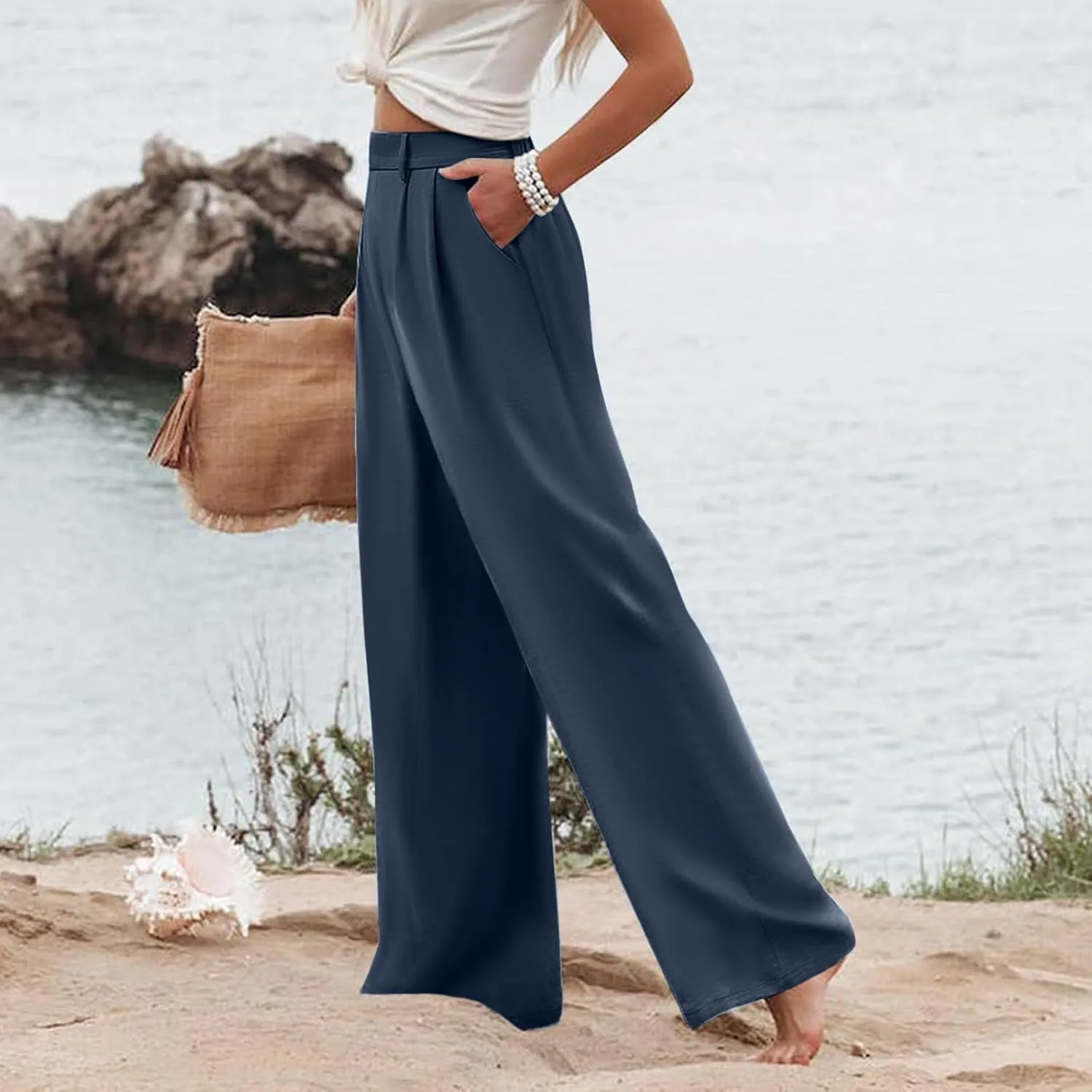 Women's High Waisted Wide Leg Pants Button Business Casual Trousers Straight Baggy Pants Linen Palazzo Pants