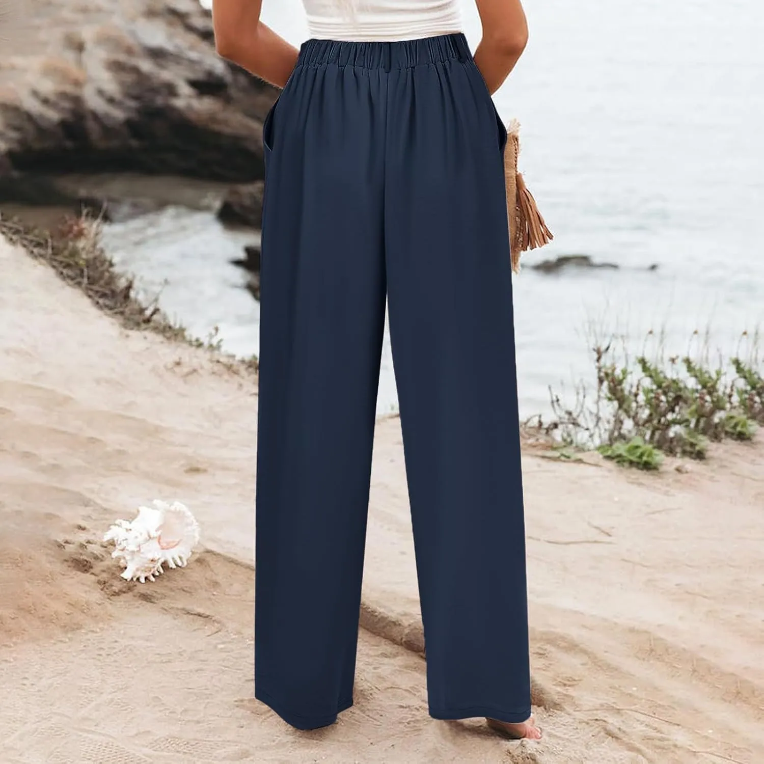 Women's High Waisted Wide Leg Pants Button Business Casual Trousers Straight Baggy Pants Linen Palazzo Pants