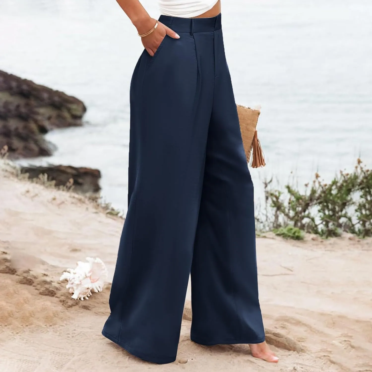 Women's High Waisted Wide Leg Pants Button Business Casual Trousers Straight Baggy Pants Linen Palazzo Pants