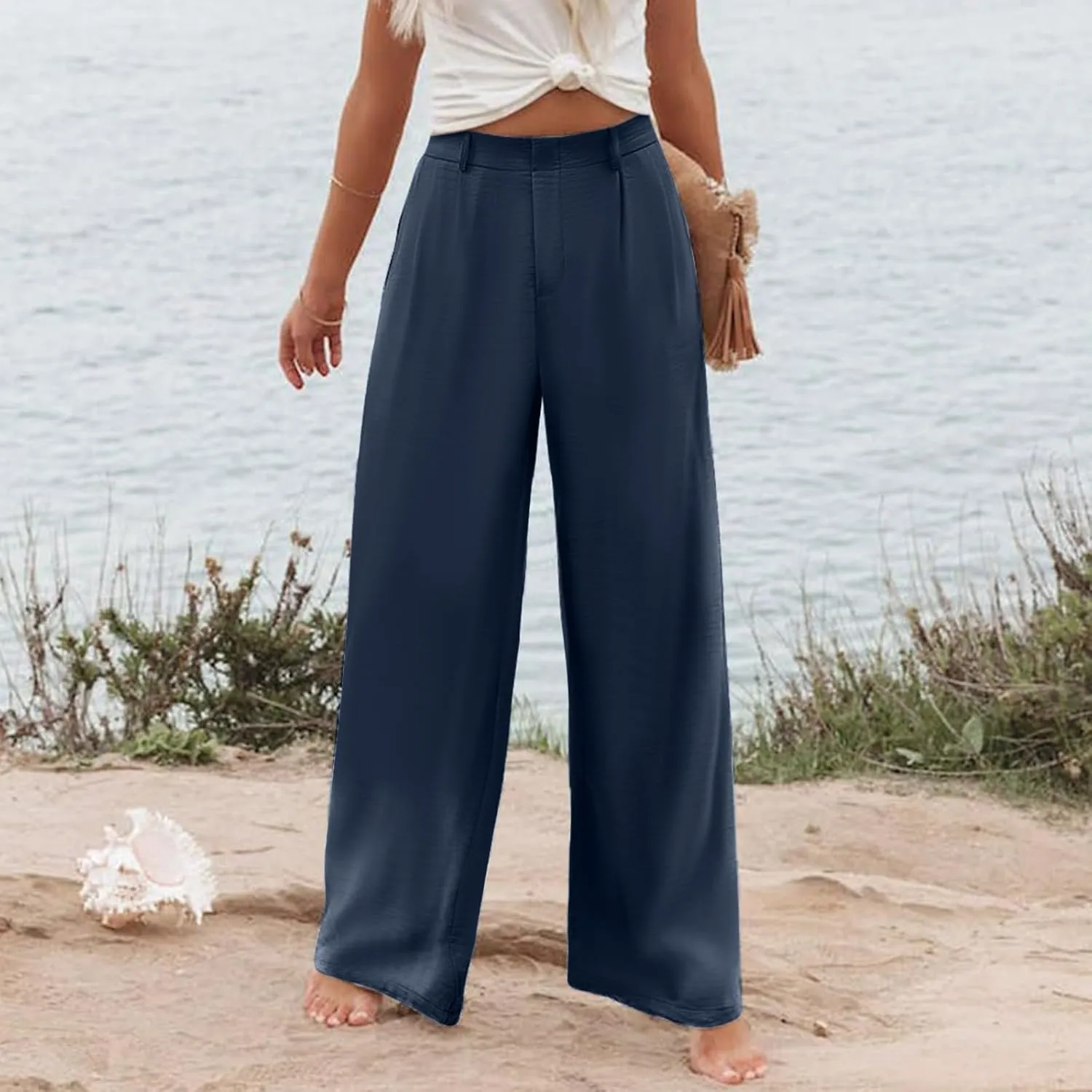 Women's High Waisted Wide Leg Pants Button Business Casual Trousers Straight Baggy Pants Linen Palazzo Pants